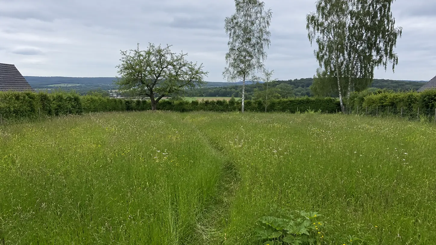 Unbebaute Wiese mit gemähtem Pfad, Hecke und Blick über die Hügel